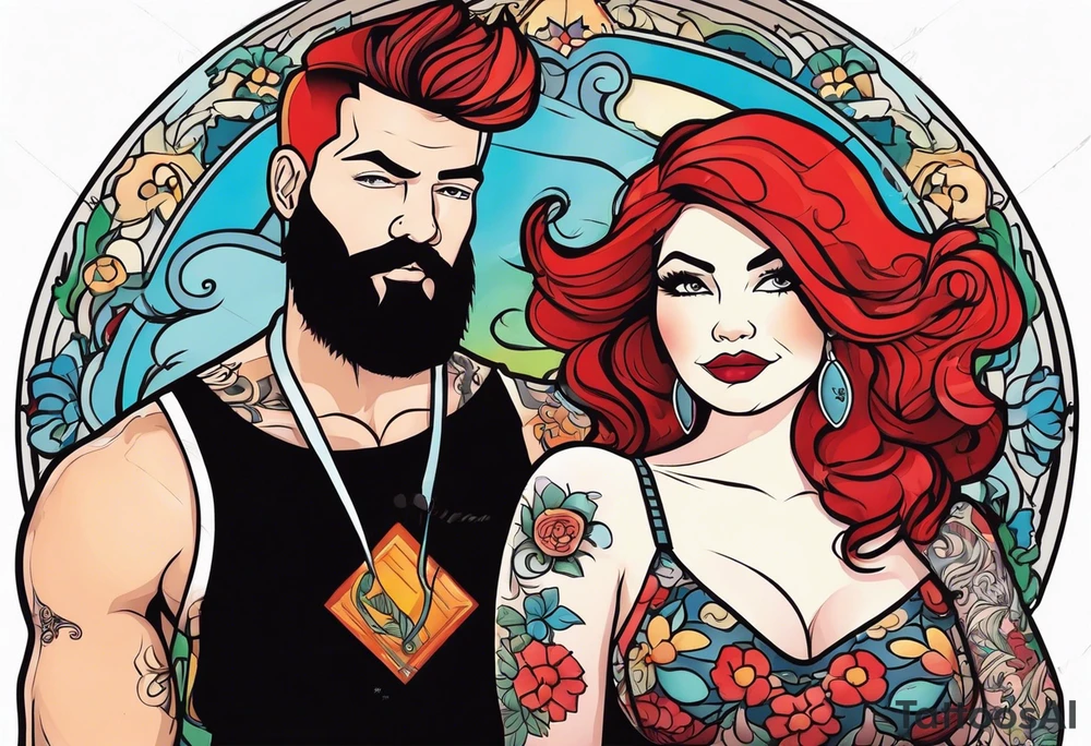 Busty Red haired woman with black haired bearded man tattoo idea