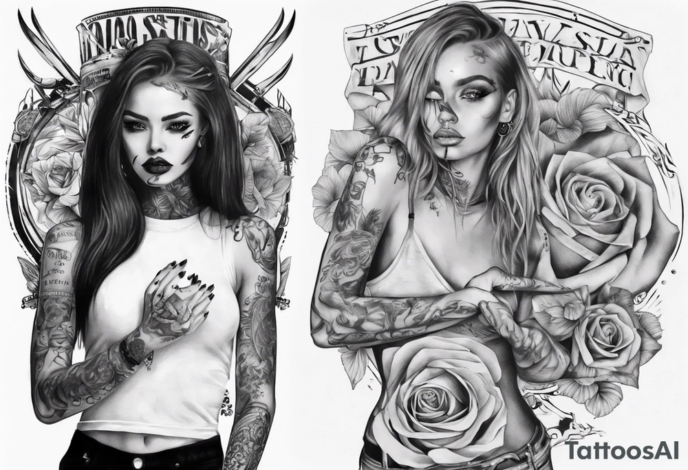 sexy body of a girl holding a poster in her hands with long nails tattoo idea