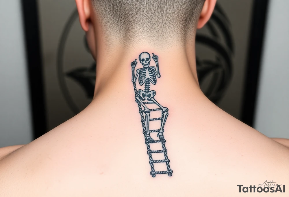skeleton clibing up a rope ladder where you can see the whole rope ladder and skeleton tattoo idea