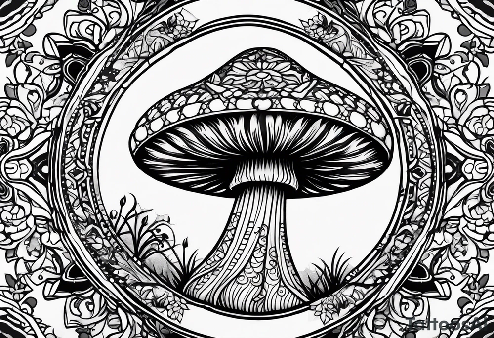 Black mushroom tattoo with henna style mandala design surrounding it tattoo idea