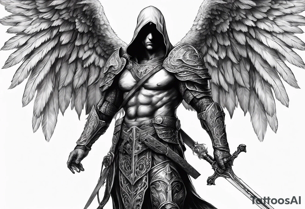 realistic full body of man angel of death, without face, with armour, holding sword in right hand tattoo idea