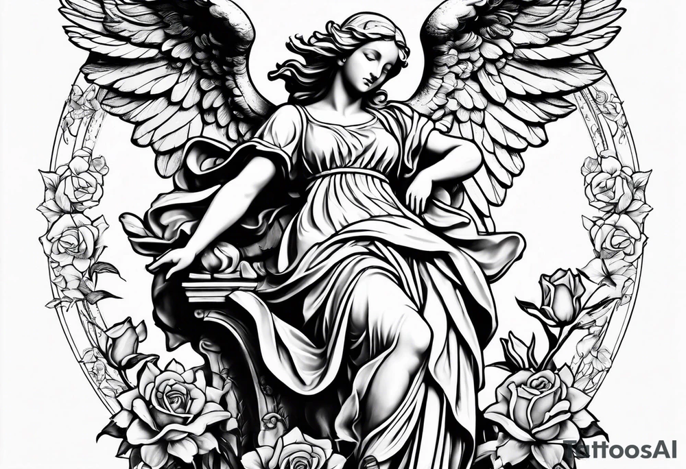 Simple Angel statue stood on a rock with daffodils and roses wrapped around its legs tattoo idea