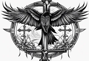 Crow resting a wooden cross tattoo idea