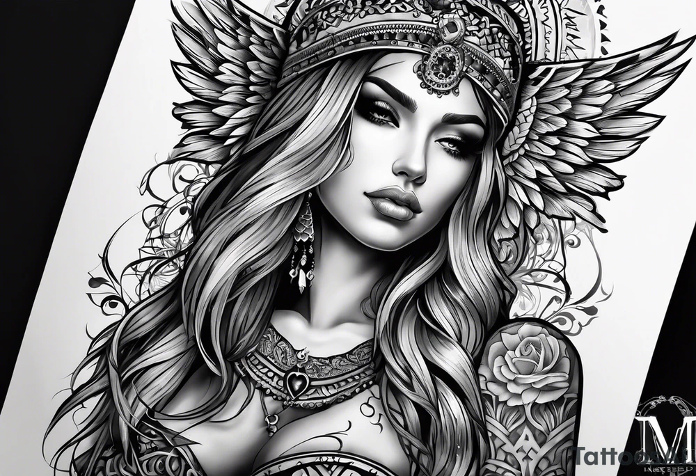 Tattooed Angel with The name « Leah » is written in gothic letters. The style is like the Mexican style tattoo idea