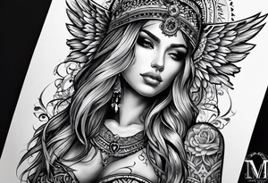 Tattooed Angel with The name « Leah » is written in gothic letters. The style is like the Mexican style tattoo idea