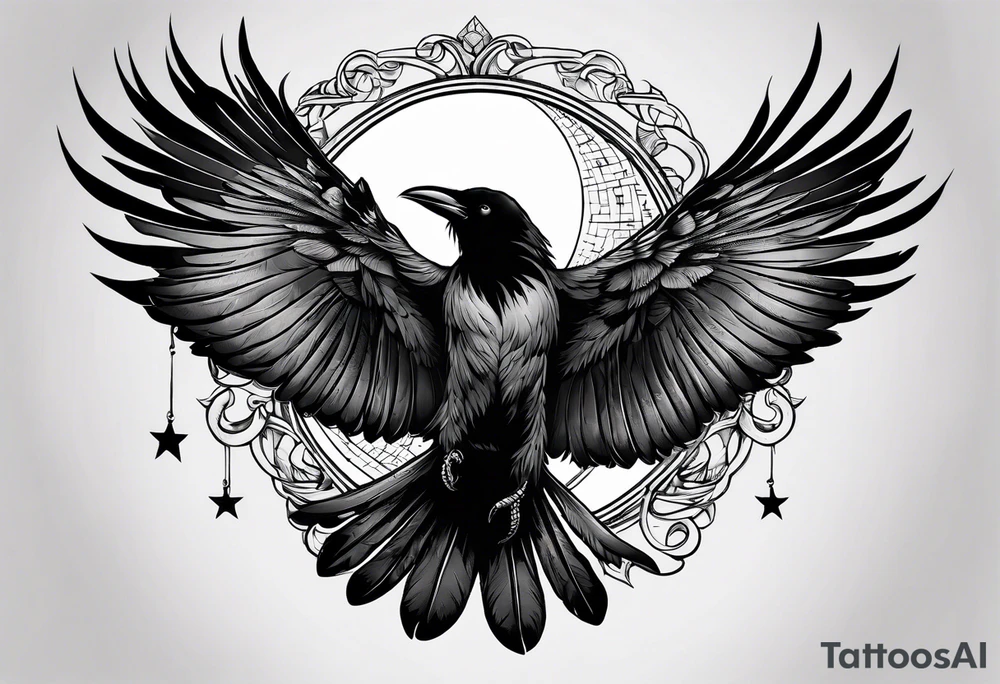 Crow with a candle mid flight with the crescent moon in the background tattoo idea