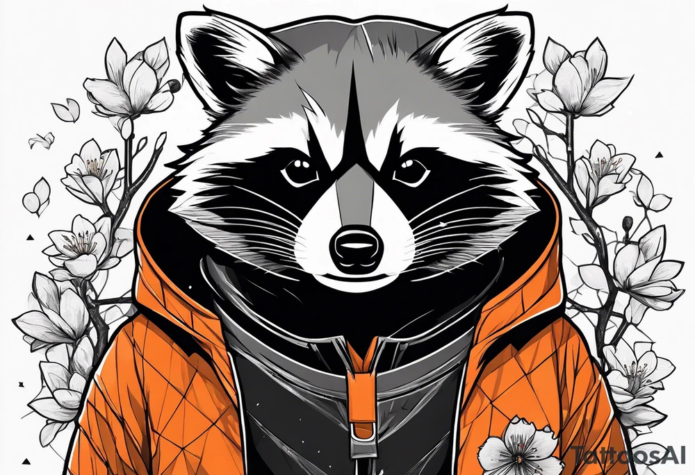 Raccoon wearing a white Superman logo on a black hoodie and orange Japanese cherry blossoms tattoo idea