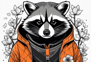 Raccoon wearing a white Superman logo on a black hoodie and orange Japanese cherry blossoms tattoo idea