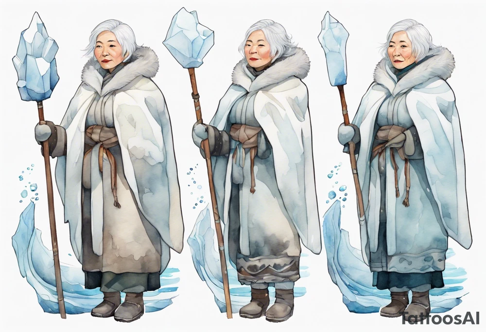 a middle aged Inuit woman with white hair, wearing mittens, wearing a white cloak, holding a white staff, wearing mukluks, standing on an iceberg in the sea tattoo idea
