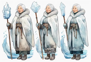 a middle aged Inuit woman with white hair, wearing mittens, wearing a white cloak, holding a white staff, wearing mukluks, standing on an iceberg in the sea tattoo idea