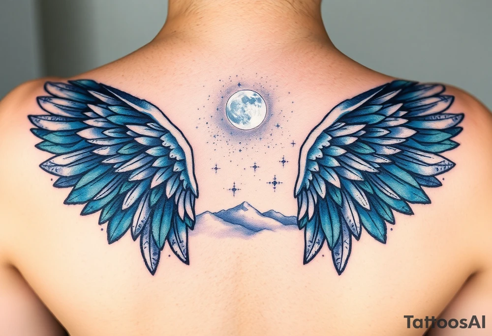 Night sky with constellation, stars  & moon seen from a frame of natural landscape angel wings spiritual tattoo idea