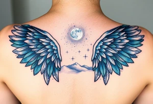 Night sky with constellation, stars  & moon seen from a frame of natural landscape angel wings spiritual tattoo idea