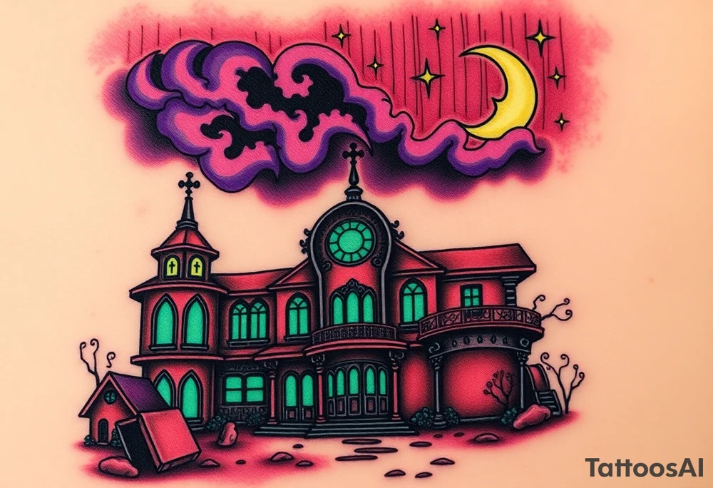 Tim Burton’s haunted casino is abandoned and dripping with muted reds, dusty pinks, and eerie green glow.purple and cyan smokey clouds swirl in the crescent moonlit sky thats sprinkled with stars tattoo idea tattoo idea