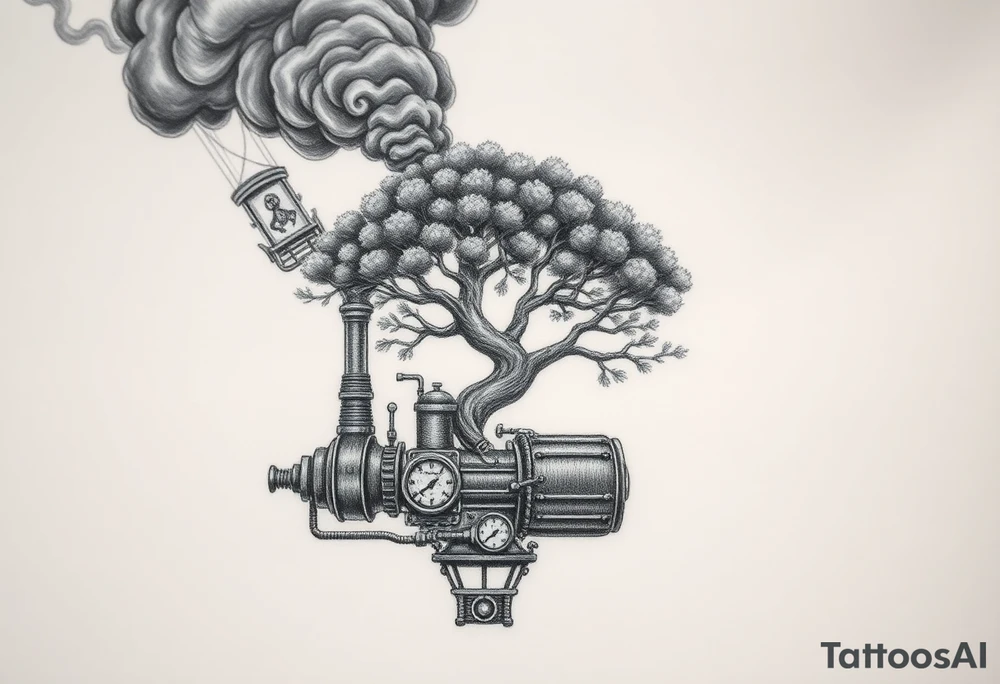 tree growing out of a v shaped engine with lots of pipes, guages and steam around the engine 
 with a smoke stack coming out of the top 
 billowing black smoke as if the tree and engine were a flying machine flying through the air 
 with an extreme steam punk vibe alot more steam punk 
it should look somewhat like a hot air baloon where the tree is the balloon and the machine is the basket but they are together as one unit, and the sky should have clouds in the back ground as if it were chugging along flying through the sky and needs to look extremely steam punk
the smoke stack should be coming out of the tree and the smoke should be trailing behind the machine tattoo idea
