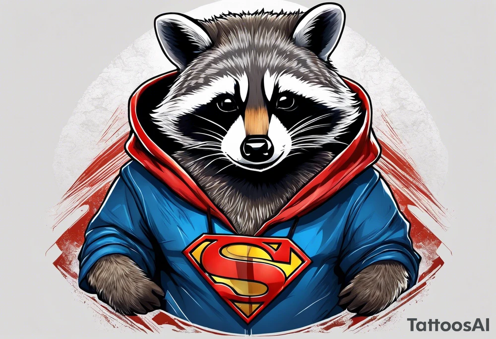 raccoon wearing a Superman hoodie tattoo idea