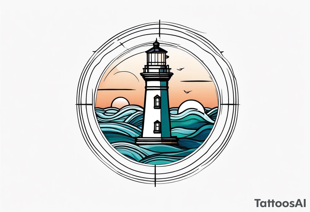 lighthouse fluid lines and circle framed, colored tattoo idea