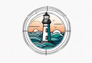 lighthouse fluid lines and circle framed, colored tattoo idea