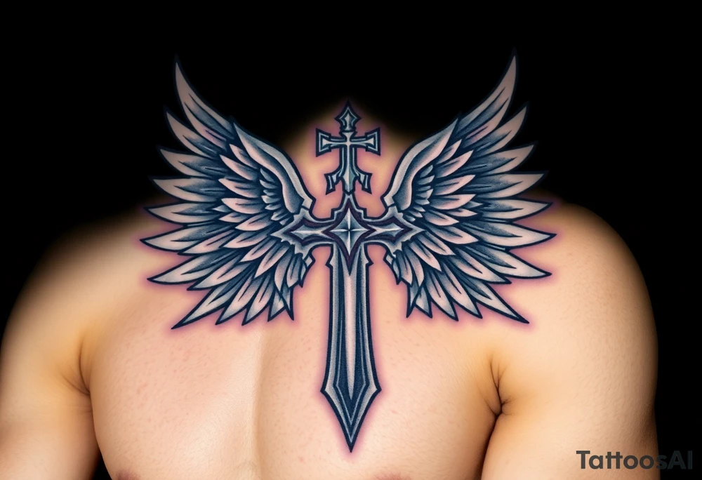 A silver gothic cross with large angelic wings, softly shaded in white and gray, glowing with divine golden light tattoo idea