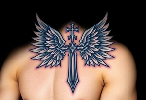 A silver gothic cross with large angelic wings, softly shaded in white and gray, glowing with divine golden light tattoo idea