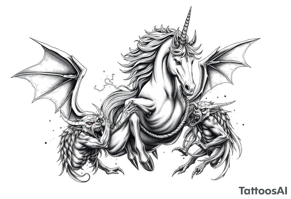 Dark unicorn evil and angry fighting with demons tattoo idea