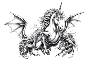 Dark unicorn evil and angry fighting with demons tattoo idea