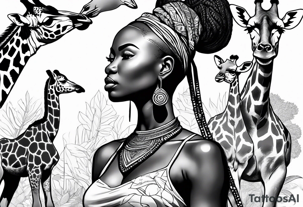 African woman warrior holding a spear with birds and giraffe in the background tattoo idea