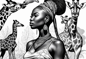African woman warrior holding a spear with birds and giraffe in the background tattoo idea