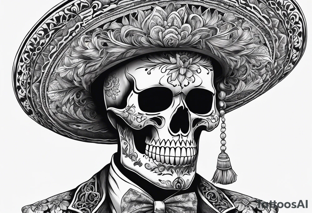 full body of skeleton in the suit with hat in mexican style, similar to santa muerte tattoo idea