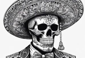 full body of skeleton in the suit with hat in mexican style, similar to santa muerte tattoo idea