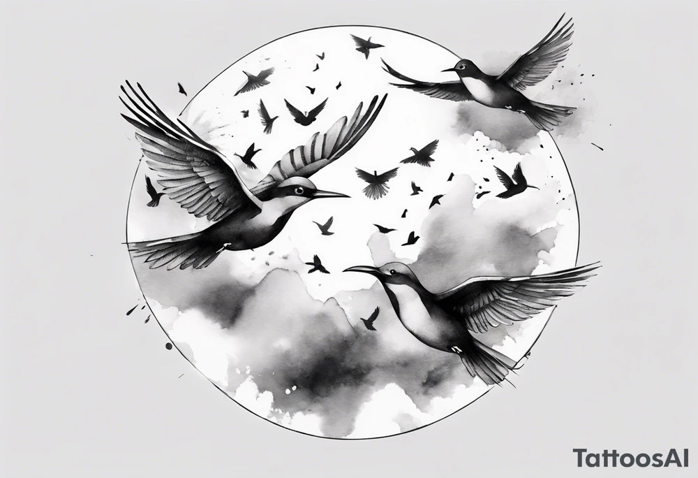 shoulder tattoo with light rays with birds flying free among the clouds, round shape, 3d effect tattoo idea shoulder tattoo with light rays with birds flying free among the clouds, round shape, 3d effect tattoo idea