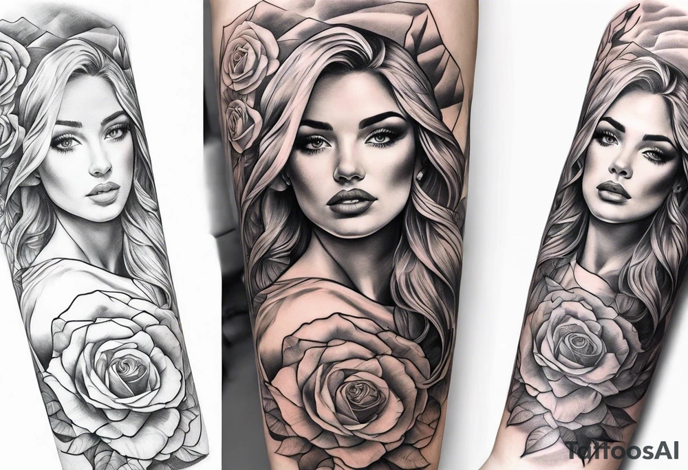 make a forearm sleeve that portraits a cross and mountains with roses tattoo idea