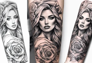 make a forearm sleeve that portraits a cross and mountains with roses tattoo idea