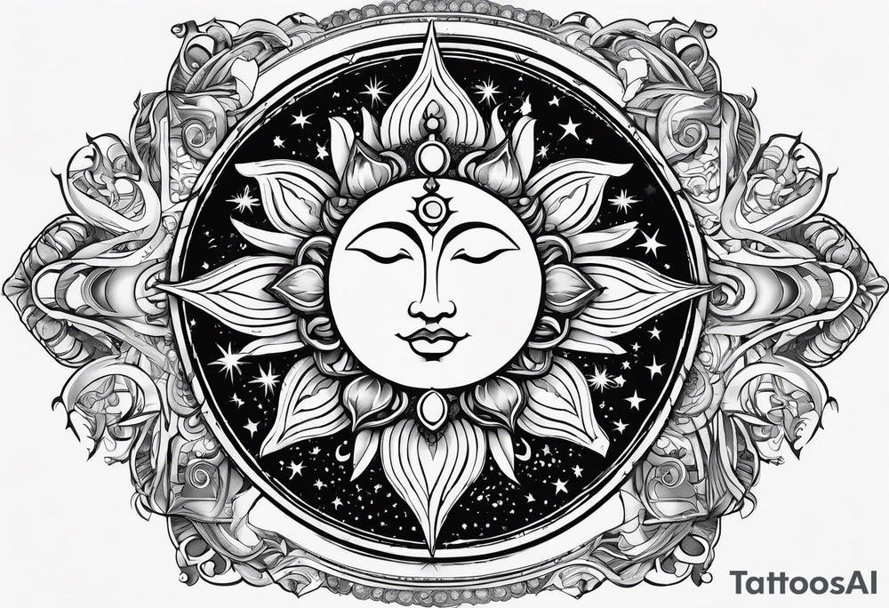 Merge celestial symbols like the sun and moon with religious icons, creating a design that represents the eternal and cyclical nature of spirituality. tattoo idea