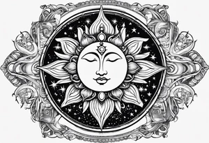 Merge celestial symbols like the sun and moon with religious icons, creating a design that represents the eternal and cyclical nature of spirituality. tattoo idea