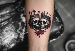 A dark grayscale tattoo of a king and queen skull wearing jeweled crowns with blood-red roses behind them. tattoo idea