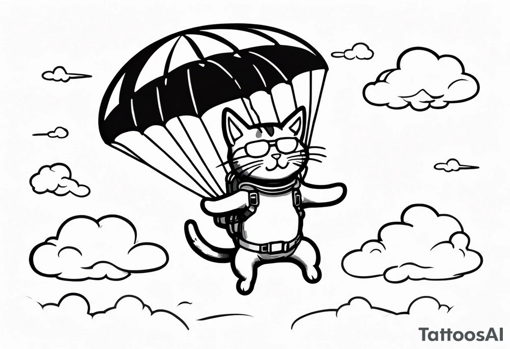 cat going skydiving with parachute in the rick and morty style tattoo idea