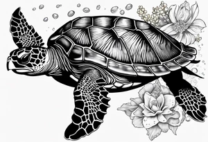 sea turtle swimming with head on the right side with star fish, corral, kelp and jelly fish tattoo idea