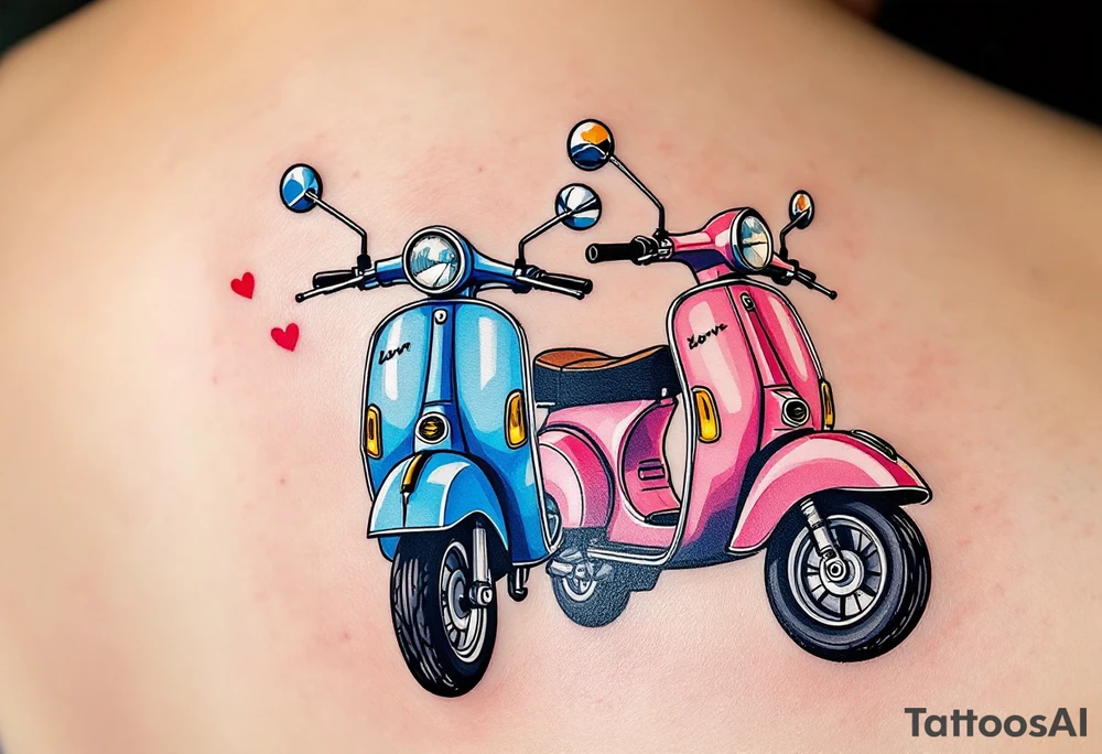 2 scooters, blue and pink, riding together in love tattoo idea