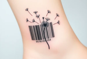 A barcode where the lines break apart into floating dandelion seeds, symbolizing dreams and wishes coming true tattoo idea