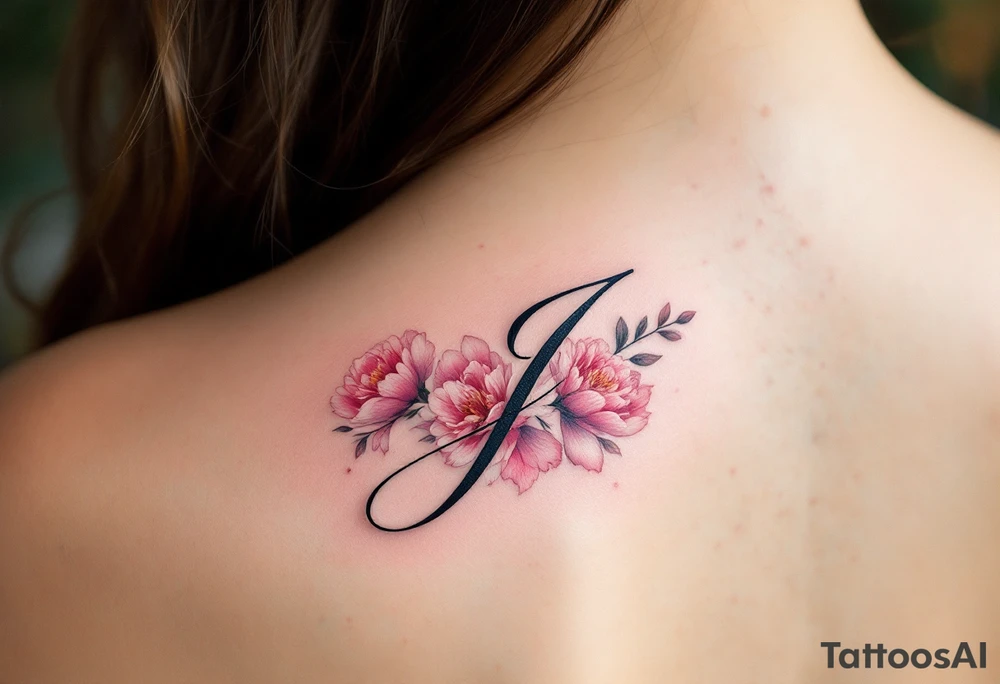 Elegant cursive "J" in deep black ink, wrapped with a soft pinky peonies tattoo idea