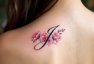 Elegant cursive "J" in deep black ink, wrapped with a soft pinky peonies tattoo idea