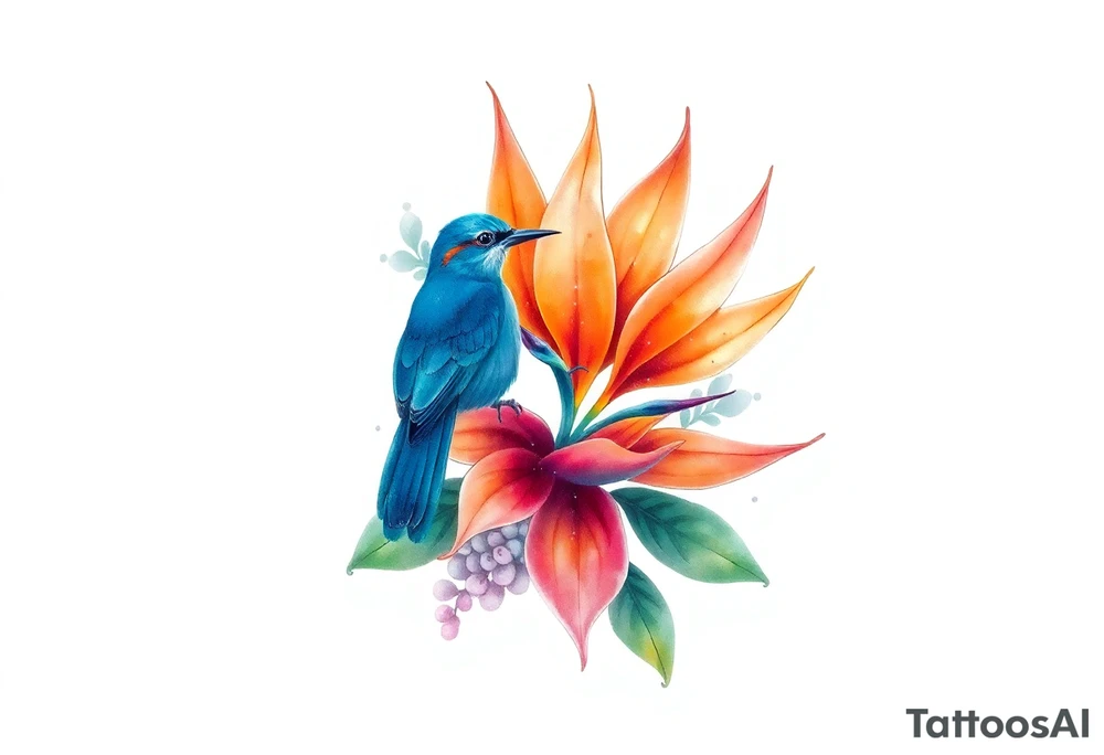 Bird of paradise flower with blue bird tattoo idea