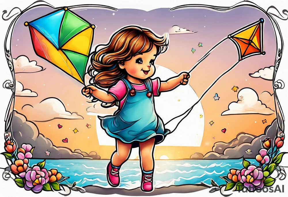 whimsical picture of a little girl flying a kite and holding a teddy bear tattoo idea