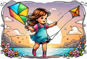 whimsical picture of a little girl flying a kite and holding a teddy bear tattoo idea