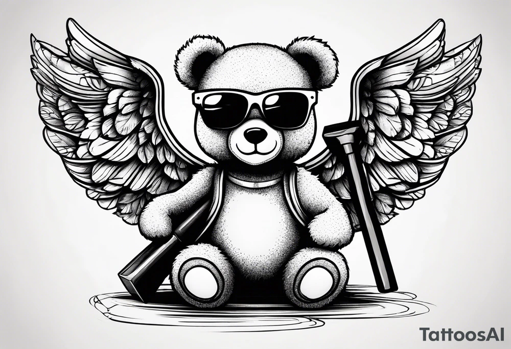 Teddy bear with wings wearing big sunglasses holding a sledgehammer tattoo idea