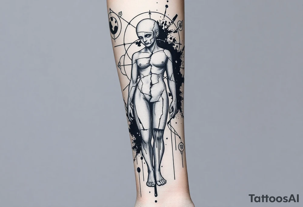 Vertical forearm tattoo design, tall and narrow composition fitting the shape of the forearm, dark surrealism and mythological symbolism. Statue-like fragmented humanoid figure with broken marble texture, distorted or incomplete anatomy, partially dissolving into black ink splashes, smoke, and thin geometric lines. Surrounded by sacred geometry circles, occult and alchemical symbols, surreal dripping eyes, and abstract fragments. Fine line tattoo style mixed with etching and engraving texture, high contrast, clean outlines, minimal background. Designed for forearm placement and easy extension into a full sleeve. No bodybuilding aesthetic, no fitness-style anatomy — focus on surreal atmosphere, mysterious symbolism, and artistic detail. tattoo idea