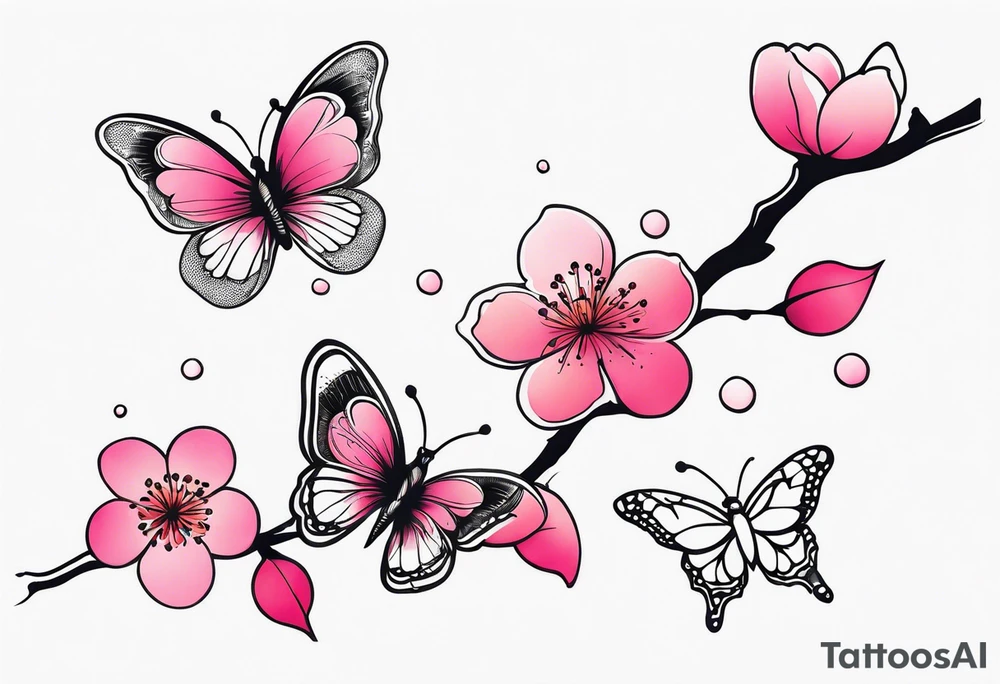 Vibrant, pink plum blossom flowers with butterflies tattoo idea