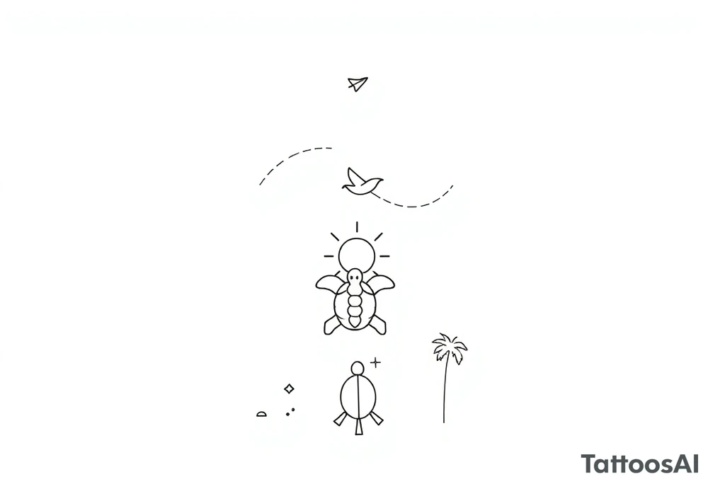 Tatouage fineline vertical, noir et blanc, de style minimaliste et spirituel. De haut en bas : une flèche stylisée pointant vers le ciel, suivie d’une ligne ondulée évoquant le vent ou une trajectoire de voyage. Juste en dessous, un petit avion en vol, stylisé, laissant une traînée fine qui s’intègre harmonieusement dans la composition. Quelques oiseaux en vol renforcent le thème de la liberté et du voyage. Ensuite, un soleil rayonnant, deux tortues marines superposées et orientées vers le haut, entourées de petits symboles évoquant le mouvement sous-marin. Plus bas, un palmier tropical, une étoile de mer, et des éléments géométriques discrets (points, lignes, flèches) pour équilibrer l’ensemble. Le style est délicat, équilibré, et évoque la nature, l’évasion, et le voyage intérieur autant qu’extérieur. tattoo idea