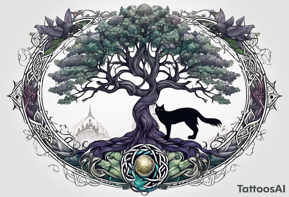 yggdrasil with a cat and a raven and knotwork tattoo idea