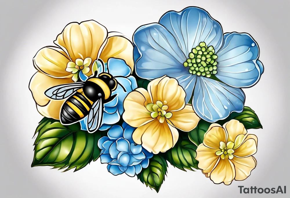 Small tattoo. There’s a hydrangea and a bee but they are not touching. Make the bee smaller than the hydrangea and have the bee off to the side. Bee is smaller than the hydrangea tattoo idea